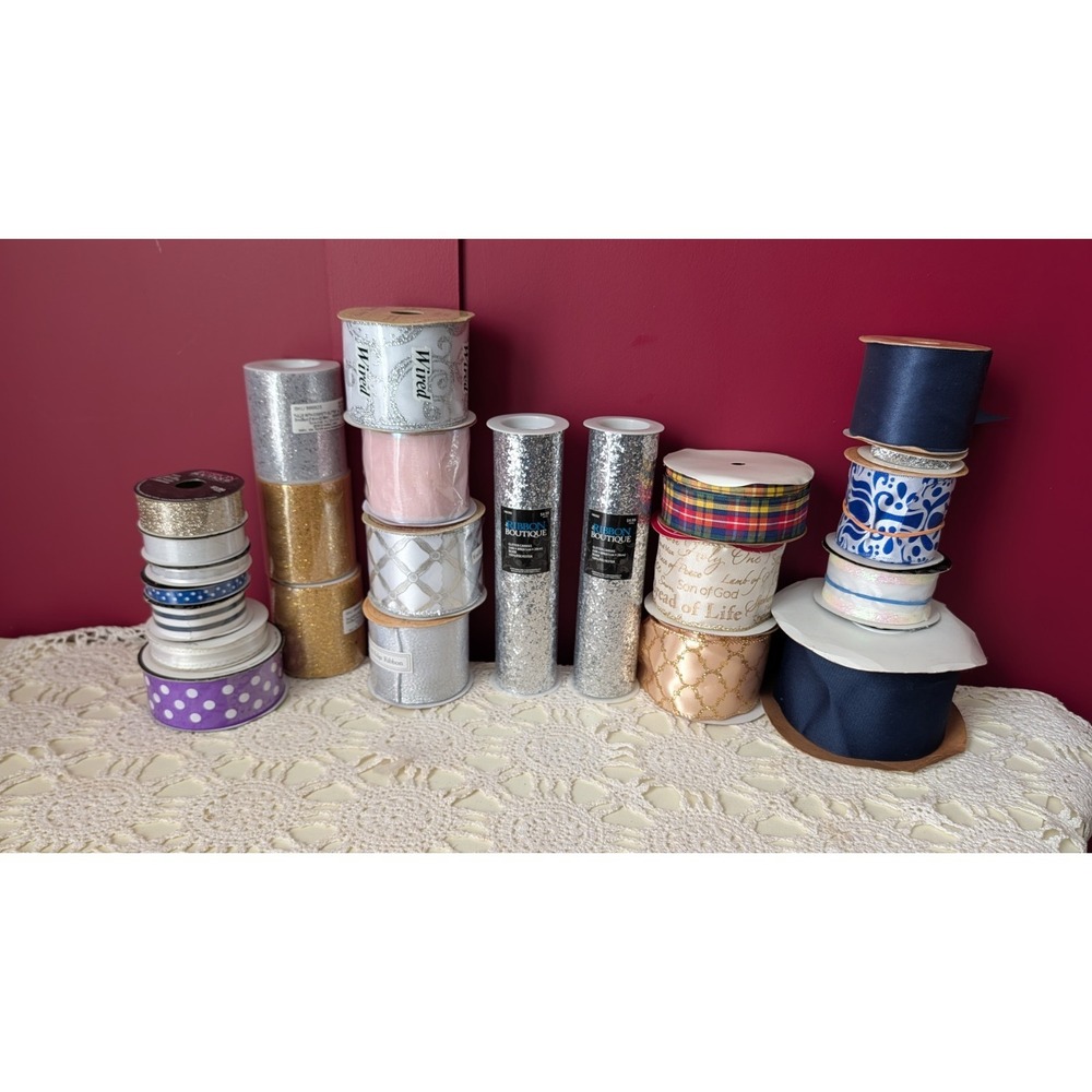 Huge Lot Ribbon 24 Rolls New And Used Glitter, Grosgrain, Wired, Plaid, Navy‎